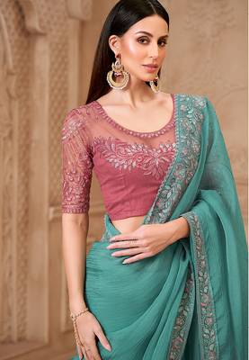 Turquoise color crush satin georgette embroidered saree 2