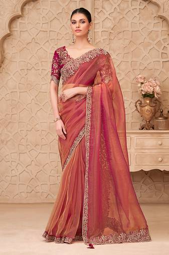 Gold salmon sparkle color georgette silk embroidered fancy designer saree
