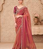Gold salmon sparkle color georgette silk embroidered fancy designer saree