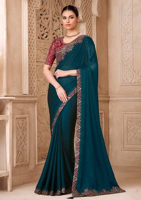 Dark teal color satin georgette  embroidered saree 1