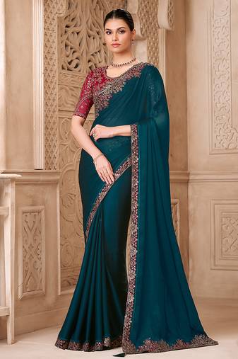Dark teal color satin georgette  embroidered fancy designer saree