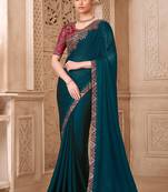 Dark teal color satin georgette  embroidered fancy designer saree