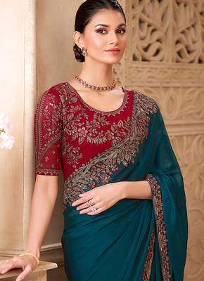 Dark teal color satin georgette  embroidered saree 2