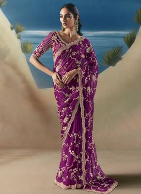Dark magenta fancy fabric with embroidery sequince work saree 1