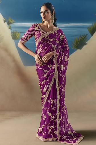Dark magenta fancy fabric with designer embroidery sequince work saree