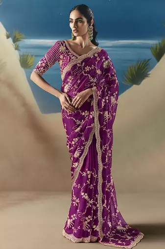 Dark magenta fancy fabric with designer embroidery sequince work saree