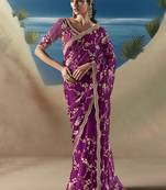 Dark magenta fancy fabric with designer embroidery sequince work saree