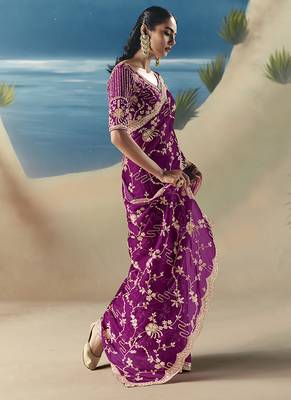 Dark magenta fancy fabric with embroidery sequince work saree 2