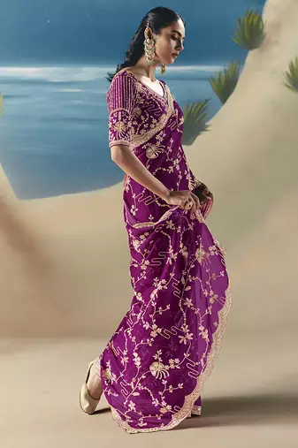 Dark magenta fancy fabric with embroidery sequince work saree
