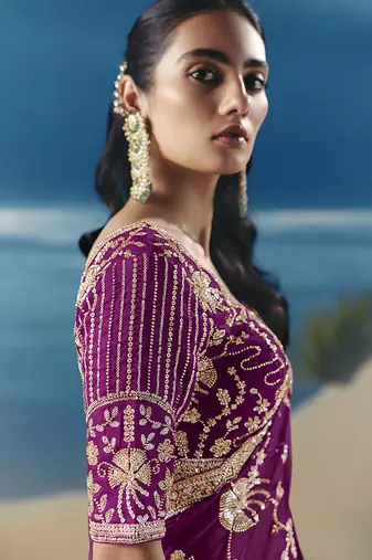 Dark magenta fancy fabric with embroidery sequince work saree