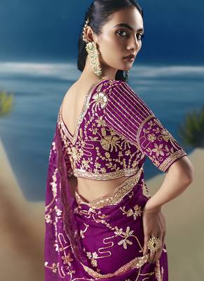 Dark magenta fancy fabric with embroidery sequince work saree 4