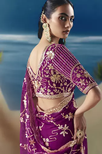 Dark magenta fancy fabric with embroidery sequince work saree