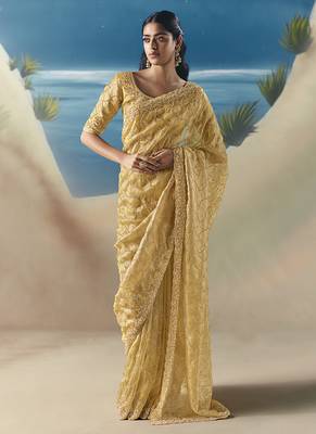 Yellow fancy fabric with embroidery sequince work saree 1
