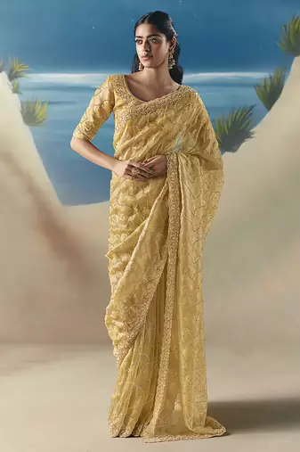 Yellow fancy fabric with designer embroidery sequince work saree