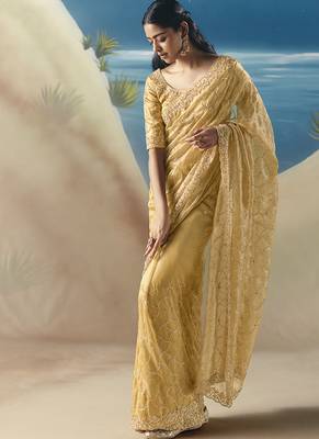 Yellow fancy fabric with embroidery sequince work saree 2