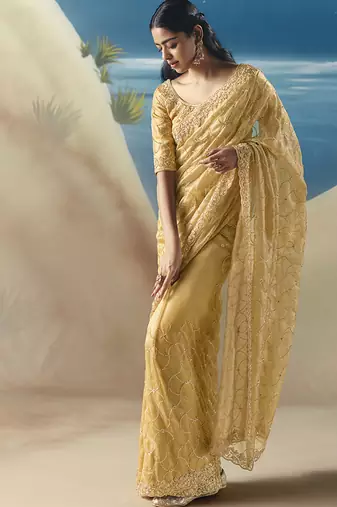 Yellow fancy fabric with embroidery sequince work saree