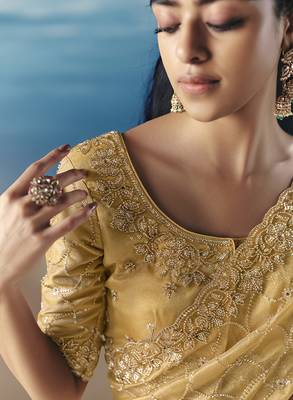 Yellow fancy fabric with embroidery sequince work saree 3