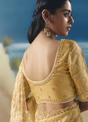 Yellow fancy fabric with embroidery sequince work saree 4