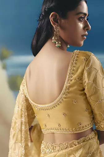 Yellow fancy fabric with embroidery sequince work saree