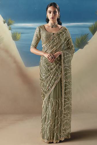 Light olive fancy fabric with designer embroidery sequince work saree