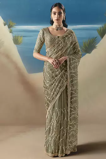Light olive fancy fabric with designer embroidery sequince work saree