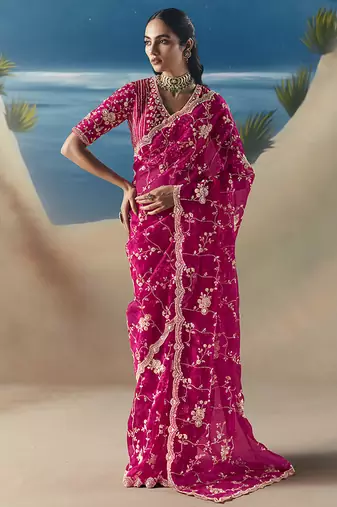 Rani pink fancy fabric with designer embroidery sequince work saree