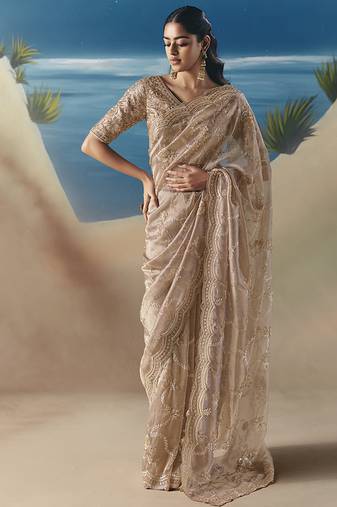 Beige fancy fabric with designer embroidery sequince work saree