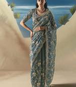 Teal blue fancy fabric with designer embroidery sequince work saree