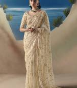 Cream fancy fabric with designer embroidery sequince work saree