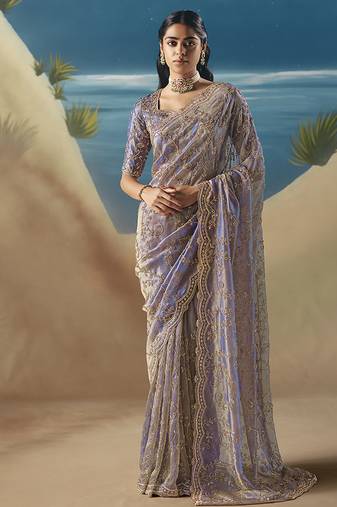 Lavender fancy fabric with designer embroidery sequince work saree