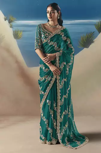 Teal fancy fabric with designer embroidery sequince work saree