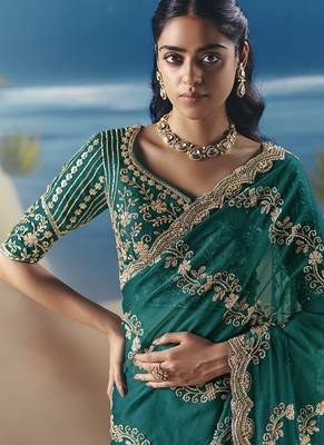 Teal fancy fabric with embroidery sequince work saree 2
