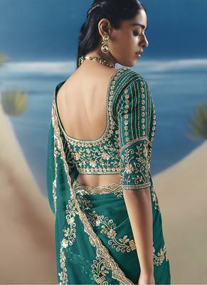 Teal fancy fabric with embroidery sequince work saree 3