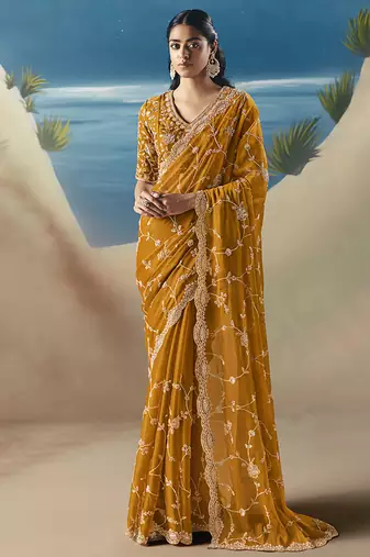 Orange fancy fabric with designer embroidery sequince work saree