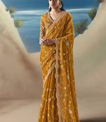Orange fancy fabric with designer embroidery sequince work saree