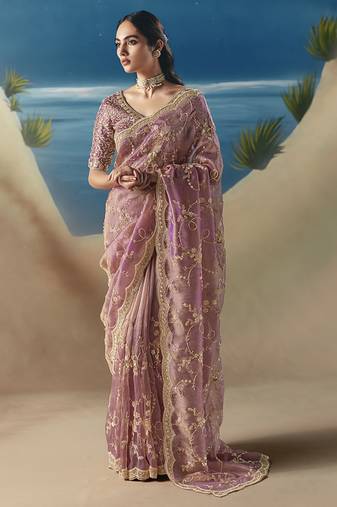 Rose pink fancy fabric with designer embroidery sequince work saree