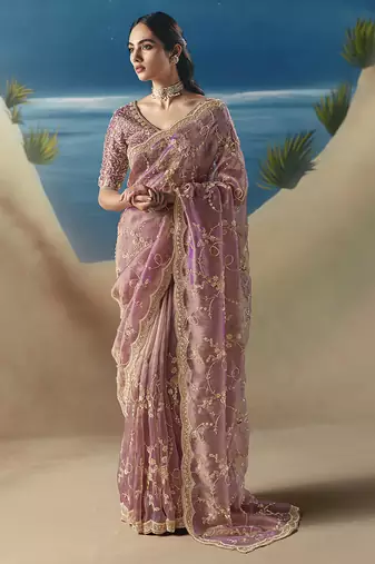 Rose pink fancy fabric with designer embroidery sequince work saree