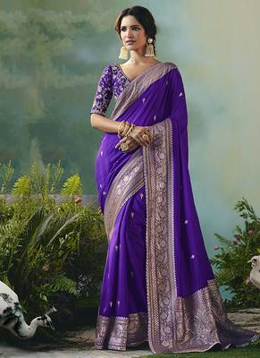 Purple dola viscose silk blend saree with zari weaving & sequence work blouse 1