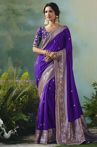 Purple dola viscose silk saree with zari weaving & sequence work blouse