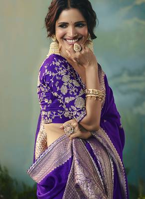Purple dola viscose silk blend saree with zari weaving & sequence work blouse 2