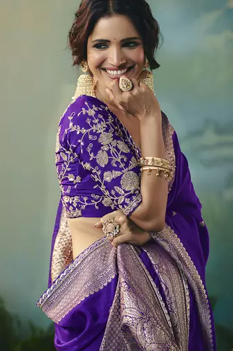 Purple dola viscose silk blend saree with zari weaving & sequence work blouse