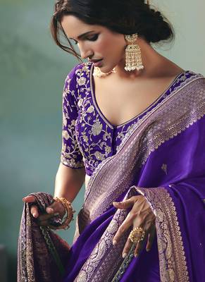 Purple dola viscose silk blend saree with zari weaving & sequence work blouse 3