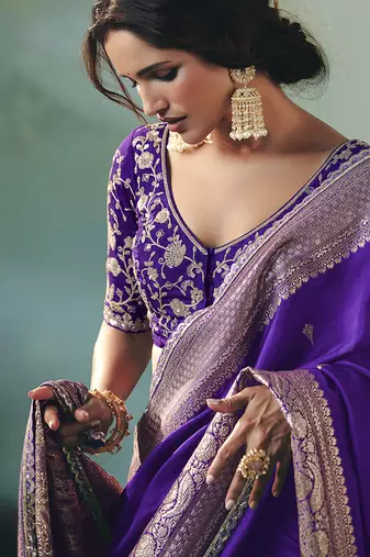 Purple dola viscose silk blend saree with zari weaving & sequence work blouse