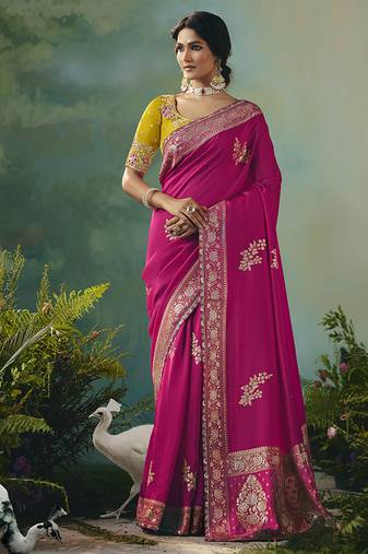 Rani pink dola viscose silk saree with zari weaving & sequence work blouse
