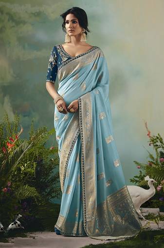 Sky blue dola viscose silk saree with zari weaving & sequence work blouse