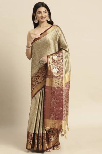 Beige woven banarasi silk saree with blouse