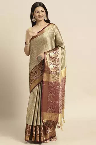 Beige woven banarasi silk saree with blouse