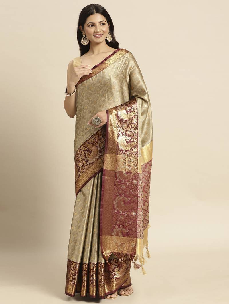Beige woven banarasi silk saree with blouse