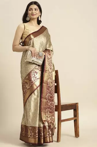 Beige woven banarasi silk saree with blouse