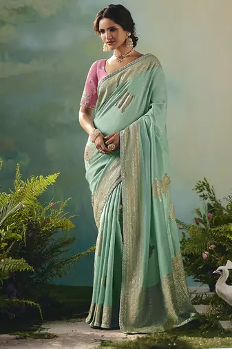 Sea green dola viscose silk saree with zari weaving & sequence work blouse